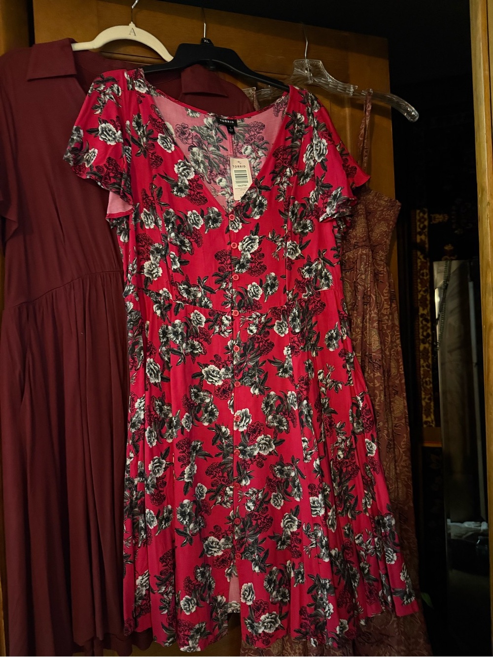 torrid Pinky Red Floral Button-Front Dress with Flutter Sleeves